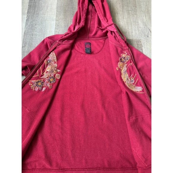 Lucky Brand Embroidered Zip Hoodie Asian Art Bird Floral Graphic Red Size XL - Picture 15 of 16
